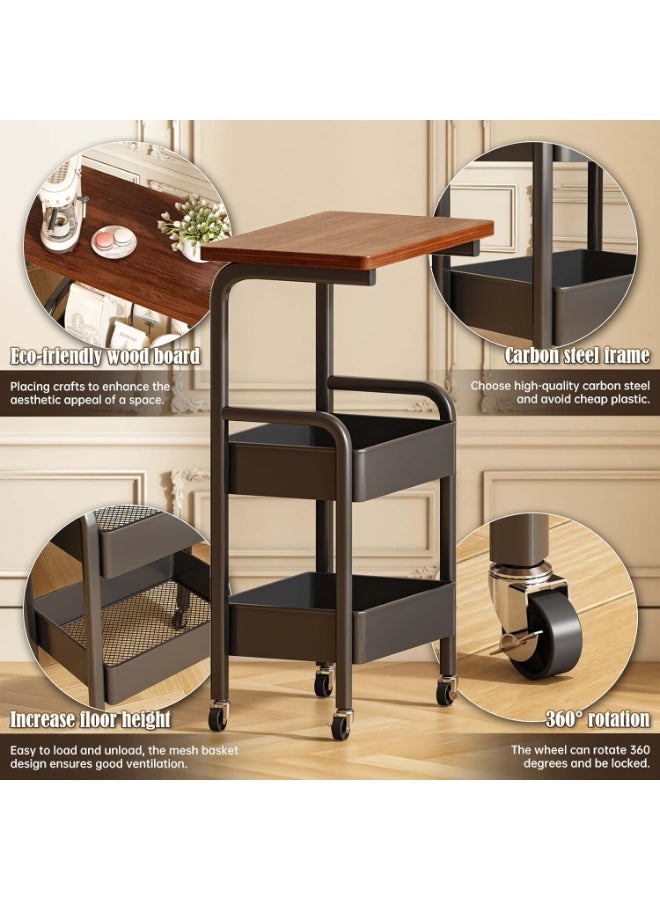 Bukela 3-Tier Rolling Cart with Wooden Tabletop, Metal Utility Storage Cart with Wheels, Multifunctional Movable Serving Cart, for Office, Book Organizer for Classroom, Home, Bedroom - Image 2